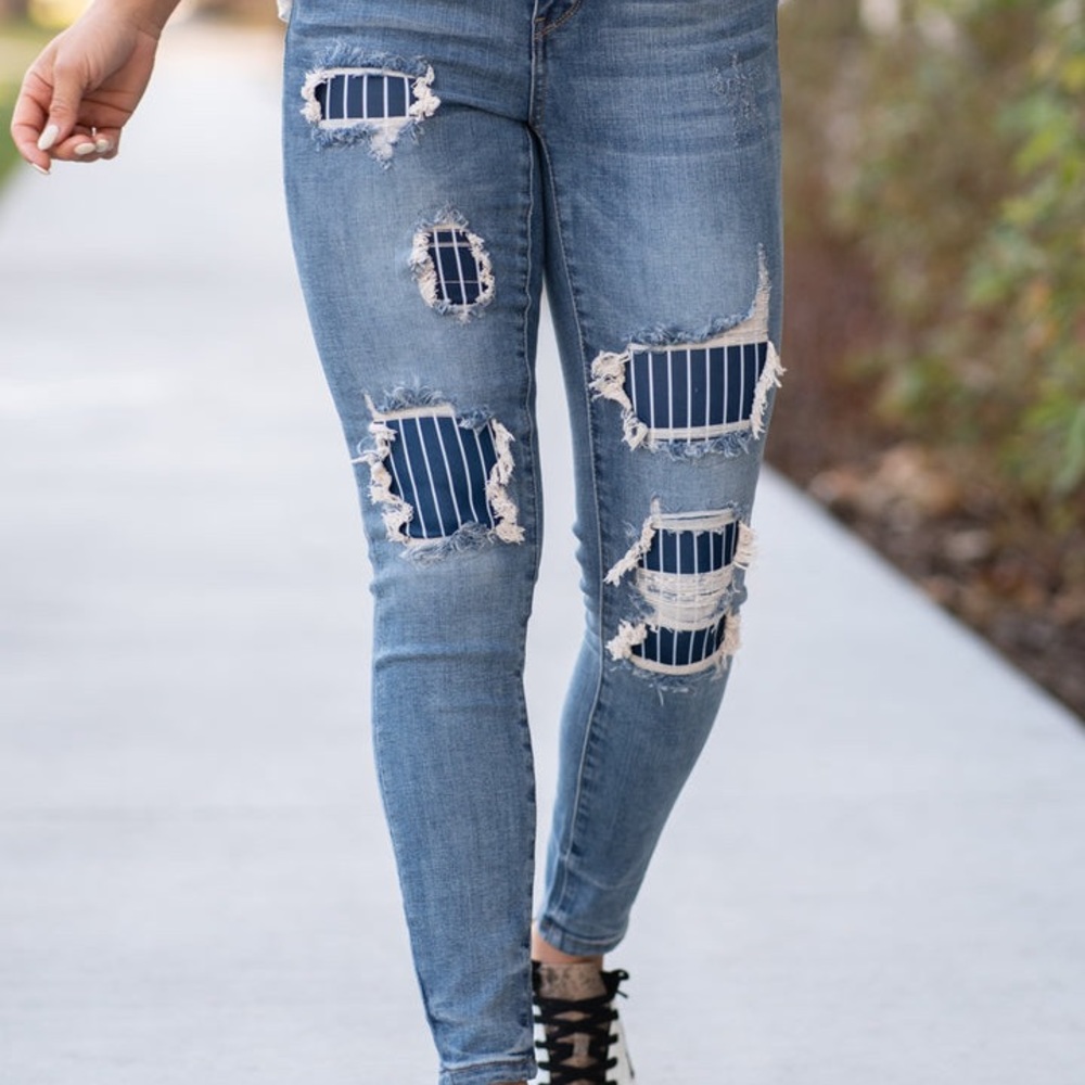 Pin Stripe Patch Distressed High Rise Skinny Judy Blue Jeans